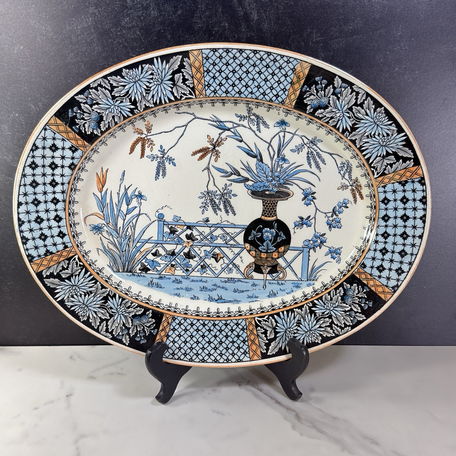 Antique Copeland Spode Transferware KEW Oval Platter 15″ Aesthetic Movement Blue