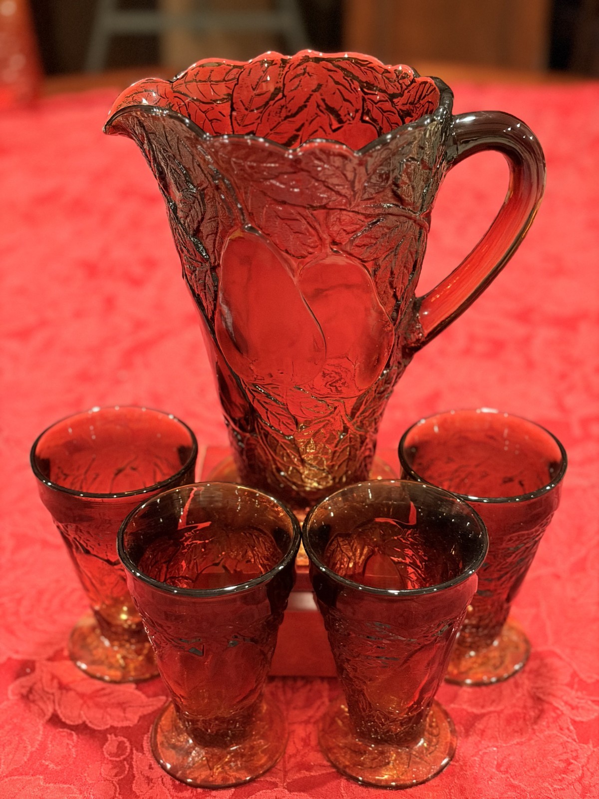 Vtg Tiara Indiana Glass Sweet Pear Burnt Honey Ambrina Pitcher & Glass 5 pc Glow