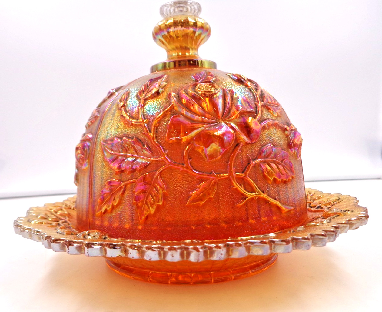 Imperial Carnival Glass Dome Lid Butter Dish Marigold Open Rose Pattern