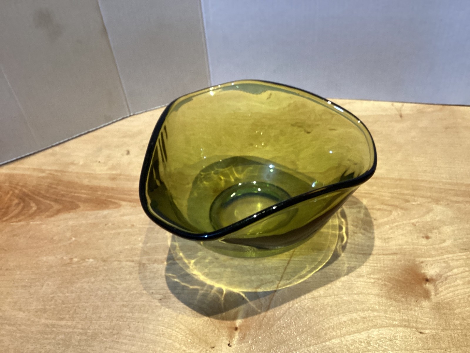 Vintage Anchor Hocking Avocado Green Glass Serving Bowl Pinched Folded Rim