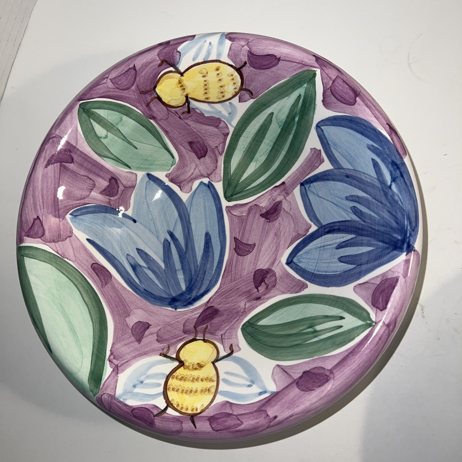 Bella Ceramica Soup Salad Serving Bowls Purple Flowers Bee 8.75”D Set Of 2