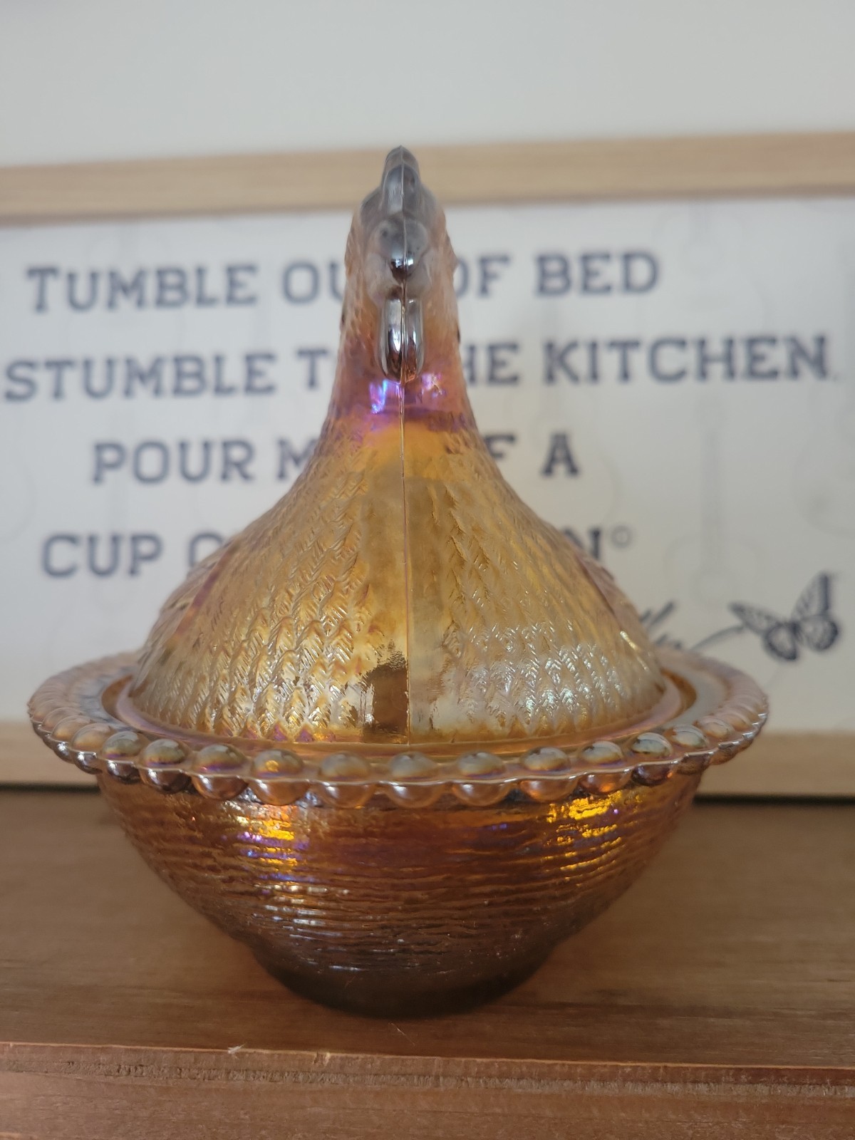 Vintage Indiana Company Amber Irridescent Carnival Glass “Hen on a Nest”