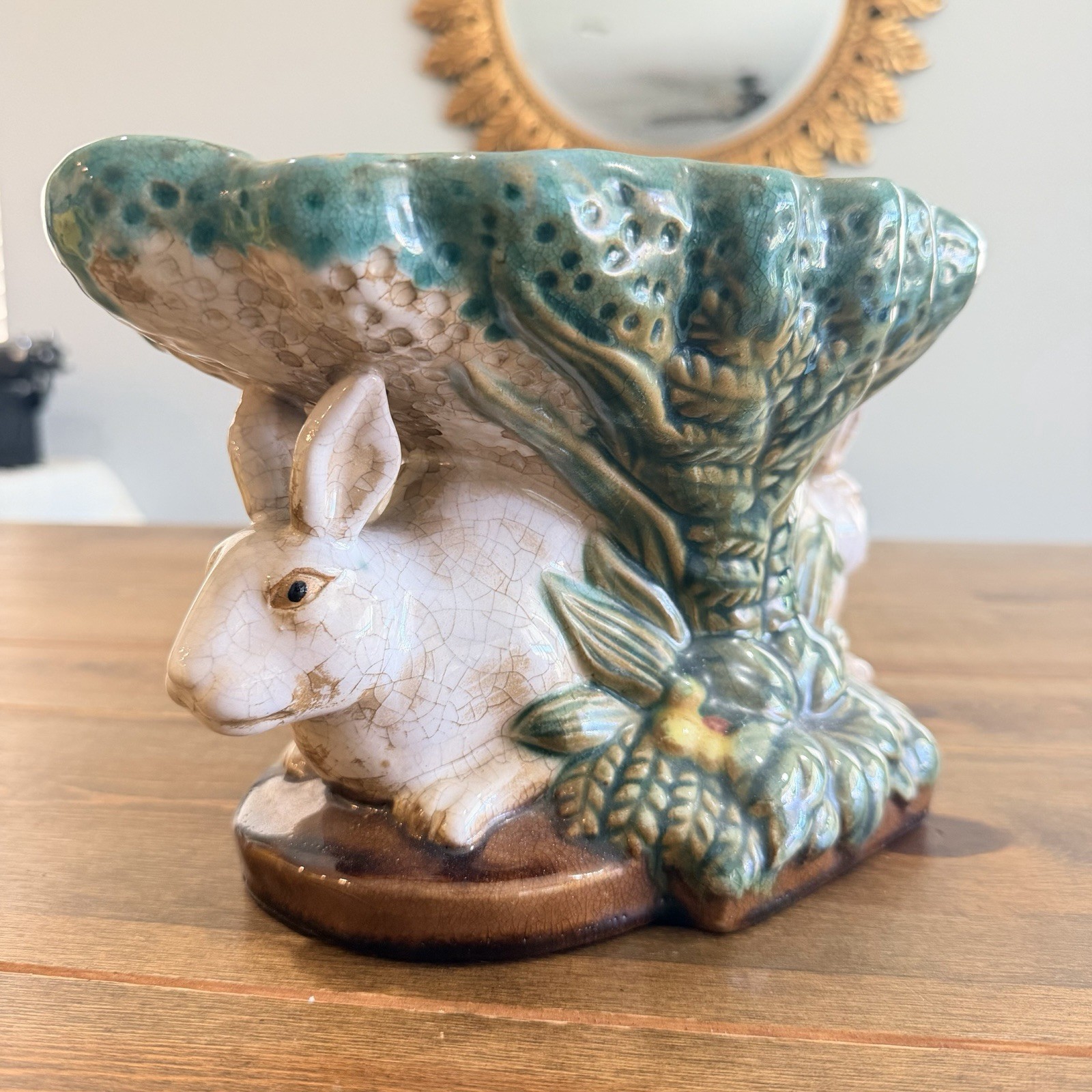 Vtg Majolica Double Rabbit Pedestal Compote Fruit Bowl Centerpiece Easter