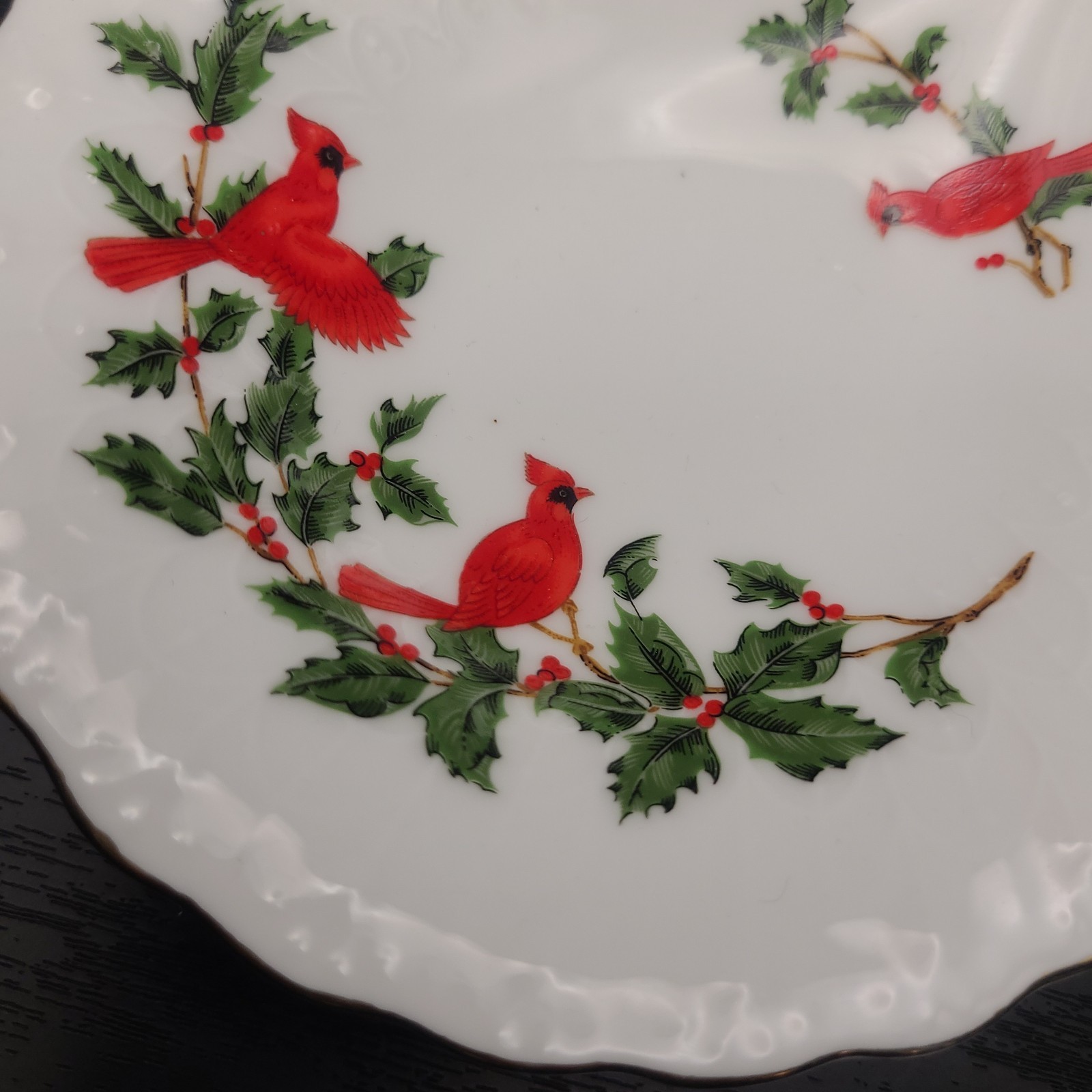 Vintage 1988 Lefton Bone China Red Cardinals & Holly Trinket Dish