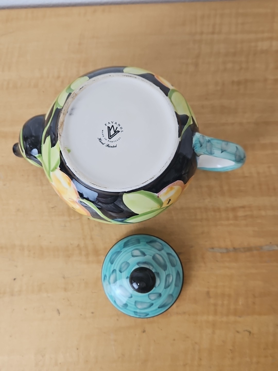 Favanol Teapot Fruit and Leaves Hand Painted Portugal blue, black, teal