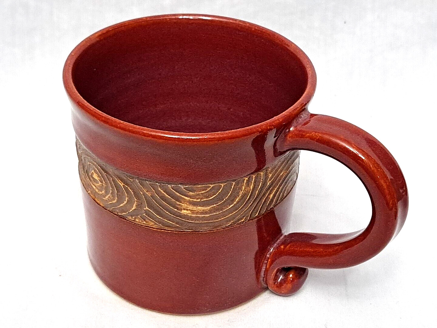 4 Studio Pottery Coffee Mugs Drip Glaze Native Island Look 18 Oz Carved Stamped