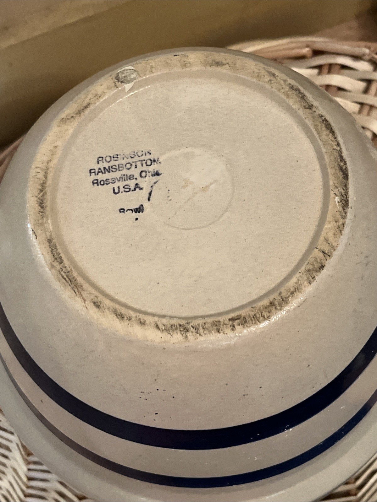 Vintage Robinson Ransbottom Pottery  9.25″ Stoneware Blue Striped Bowl Roseville