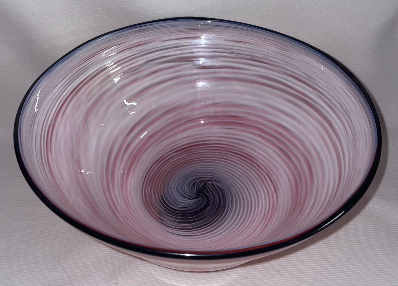 Hand Blown Pink Swirl Pattern Bowl W/ Black Base & Rim10 1/2 Inches Wide