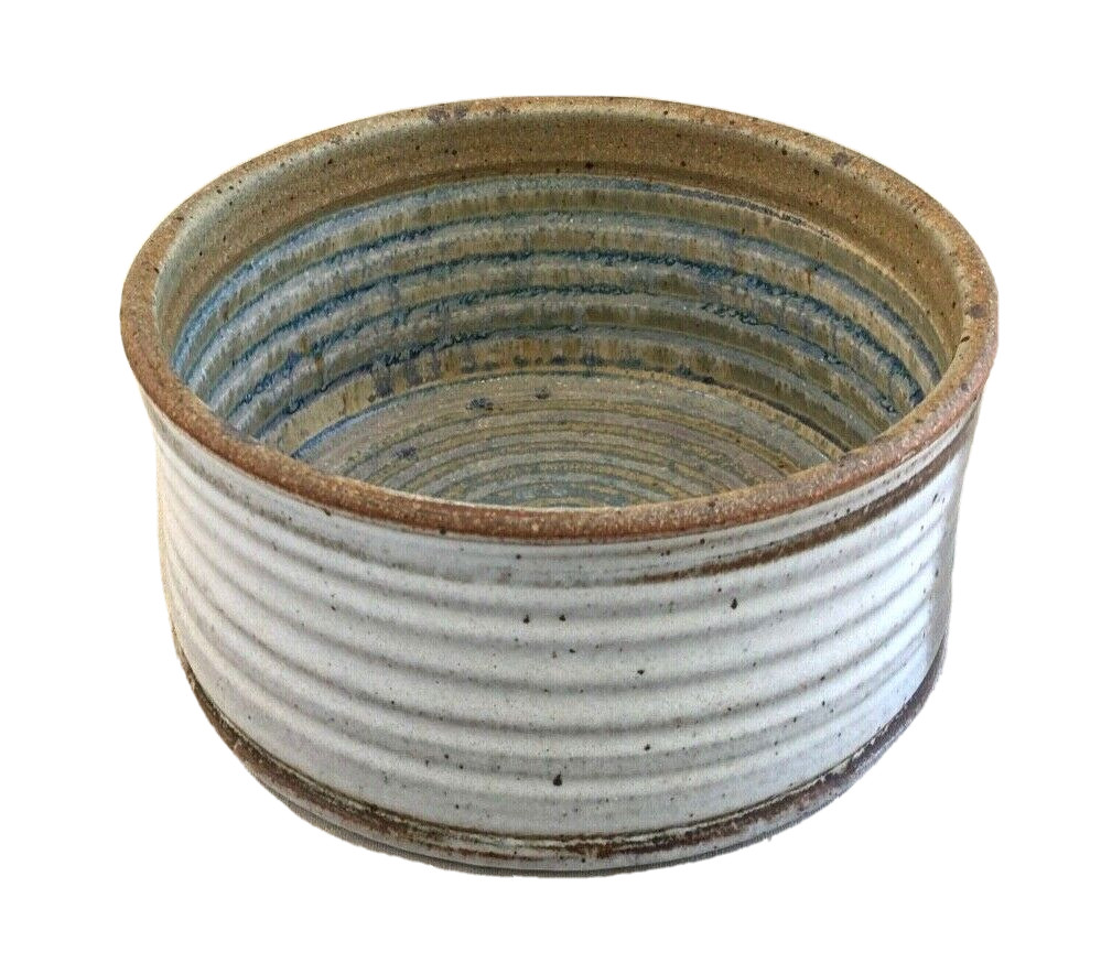 Vintage Hand Decorated Gray, Blue & Brown Covered Dish with Lid, Signed “K”