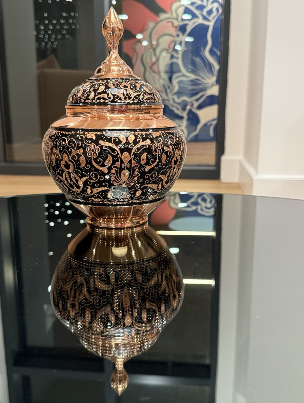 Vintage Handmade Copper Candy Bowl Glossy Lidded Jar with Handle Lidded 9in