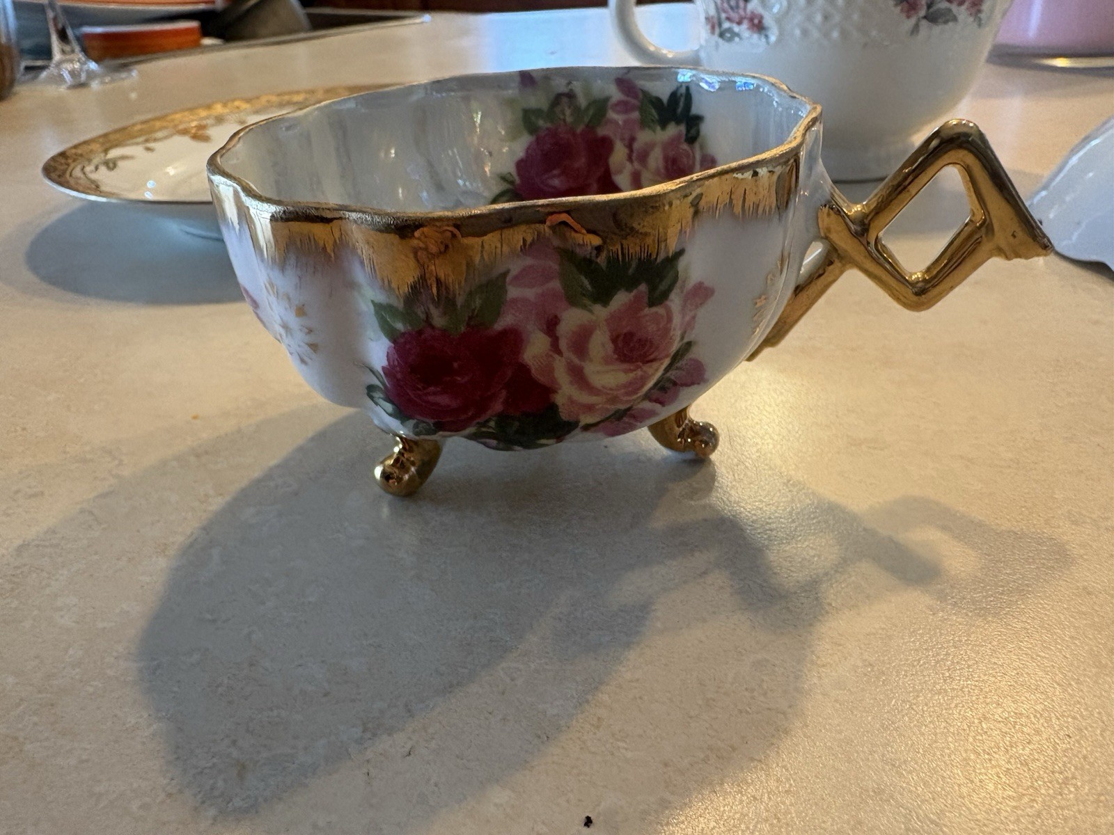Porcelain Tea Cup & Saucer Floral Gold Trim Glossy White Pink Green Two-Piece