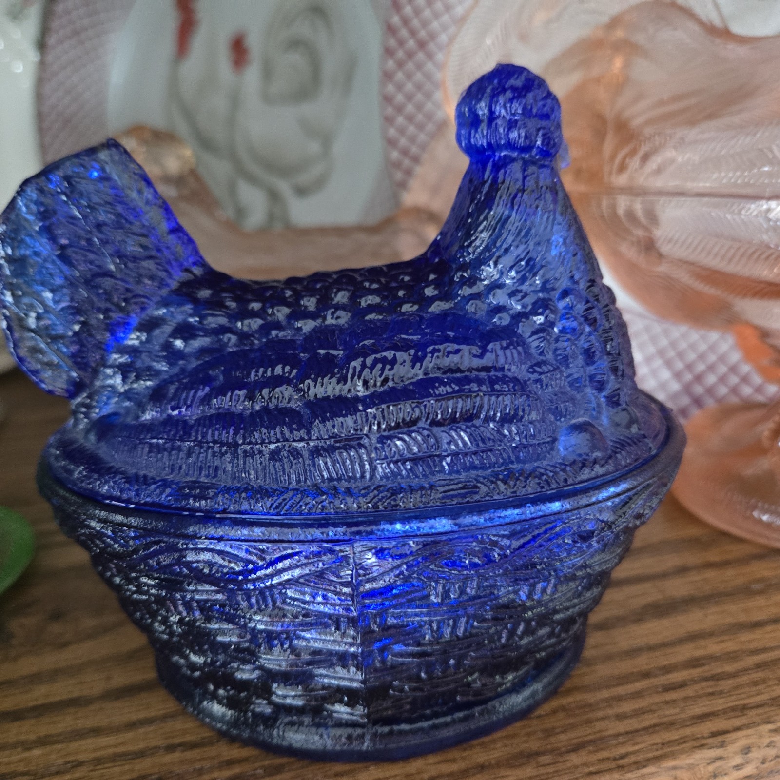 Hen on Nest Chicken Cobalt Blue Glass Style Dish 6 In Cottage Core Grandma Core