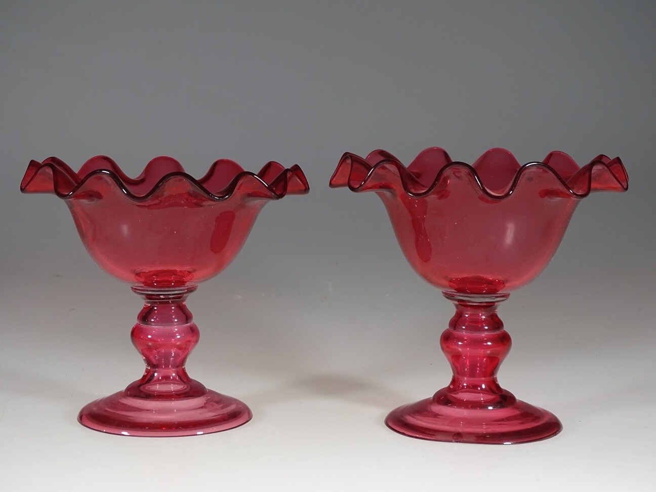 Matched Set of 2 British Victorian Cranberry Glass Compote Crimped Rim c.1895