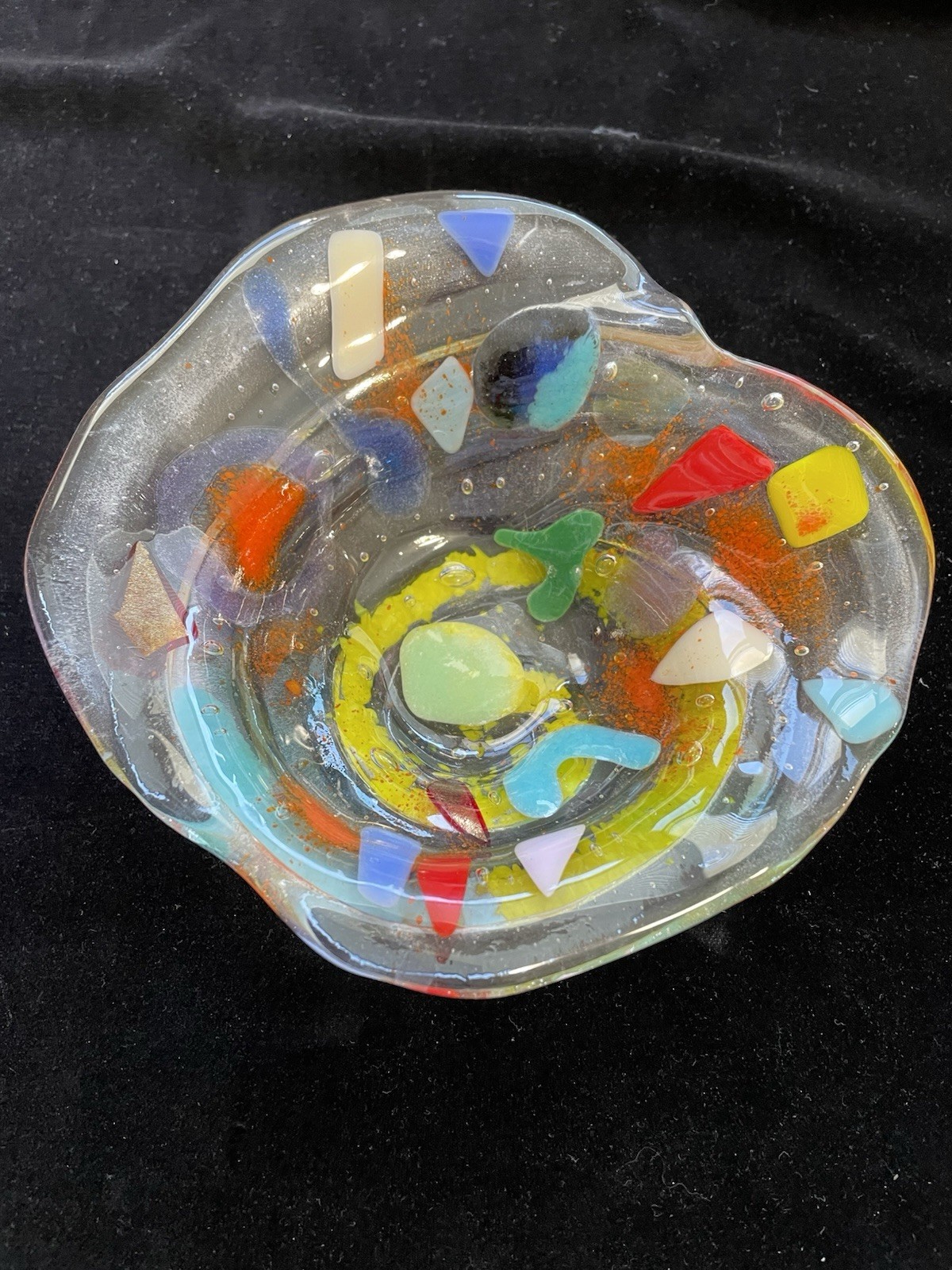 “Circles Of Joy “Contemporary Fused Art Glass Abstract Handmade 6.5”x3 “ OOAK