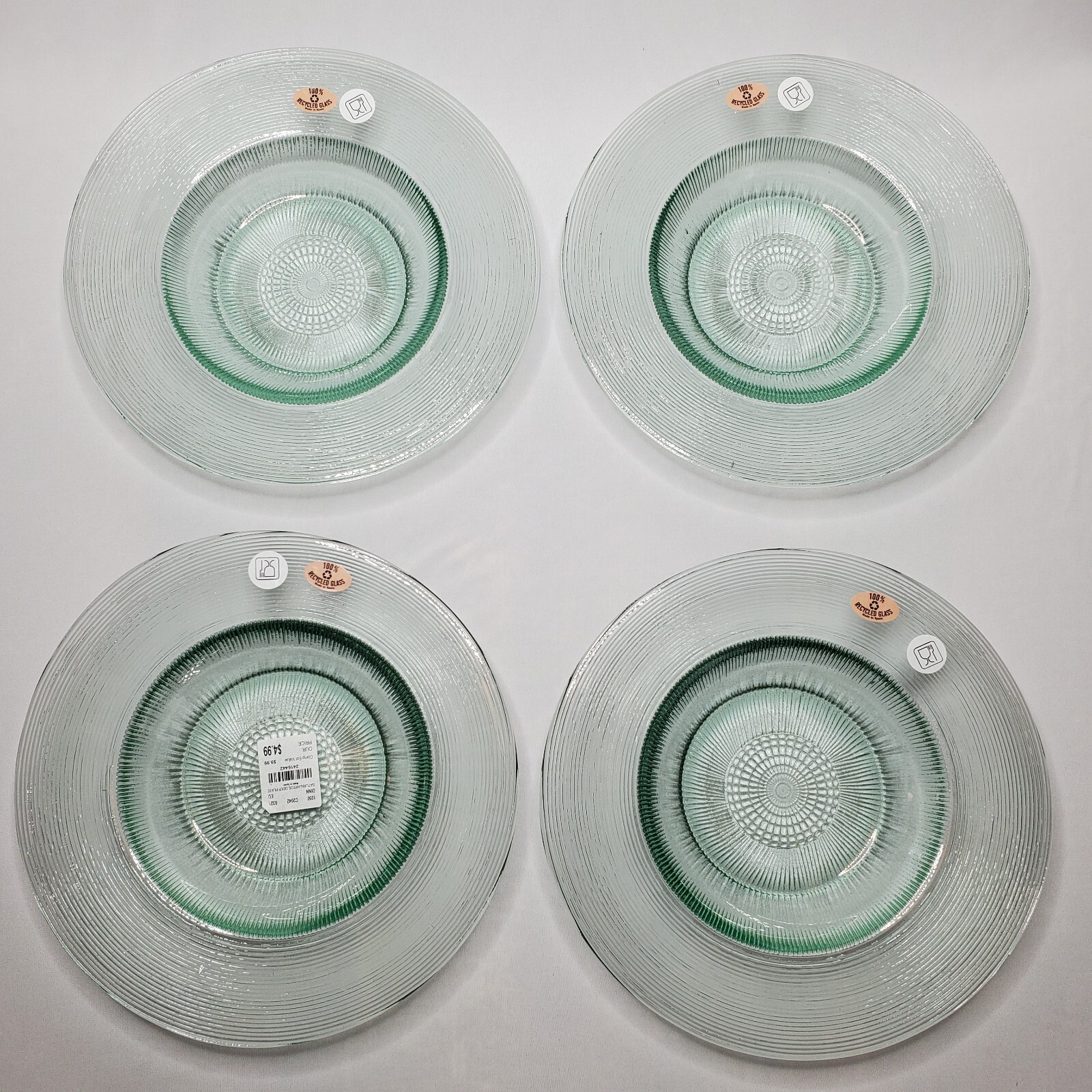 4 Recycled Spanish Glass Dinner Plates 10″ Set Wide Rim Clear Green Textured NOS