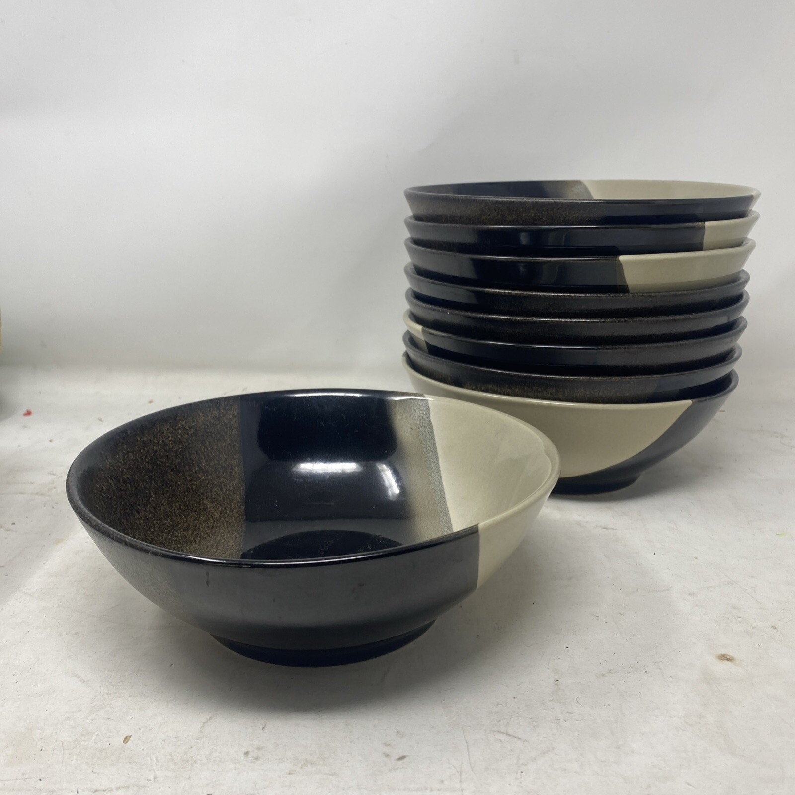 Set of 9 Sango Deco Black 4740 Bowls – 8 Inch Round Stoneware 32oz Bowls.