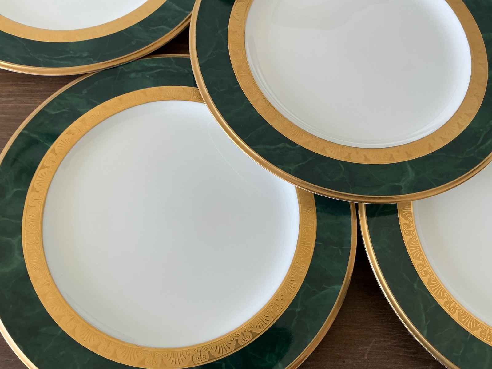 Set/6 NORITAKE Fitzgerald 4712 Salad Plates Green Marble Border Gold Scroll EXC!