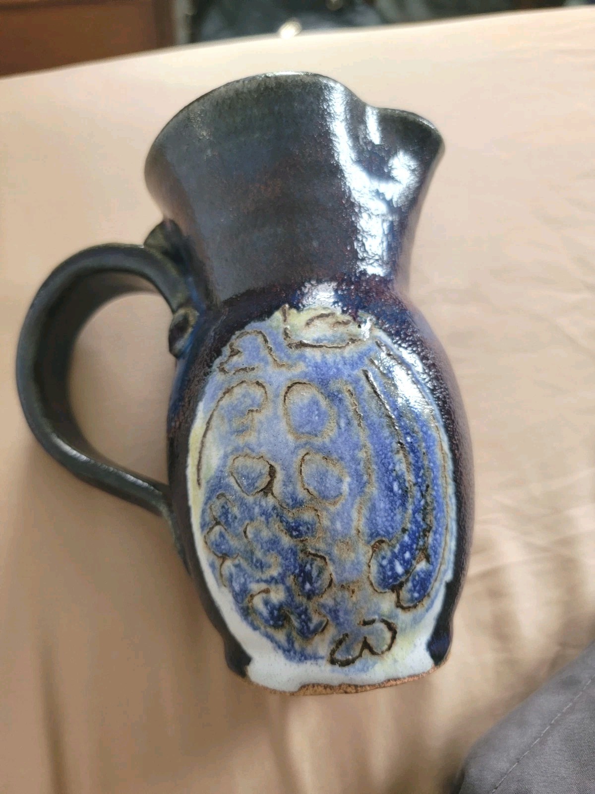 Studio Art Pottery Signed Foster Hand Thrown Jug Blue Purple Sgraffito Glazed