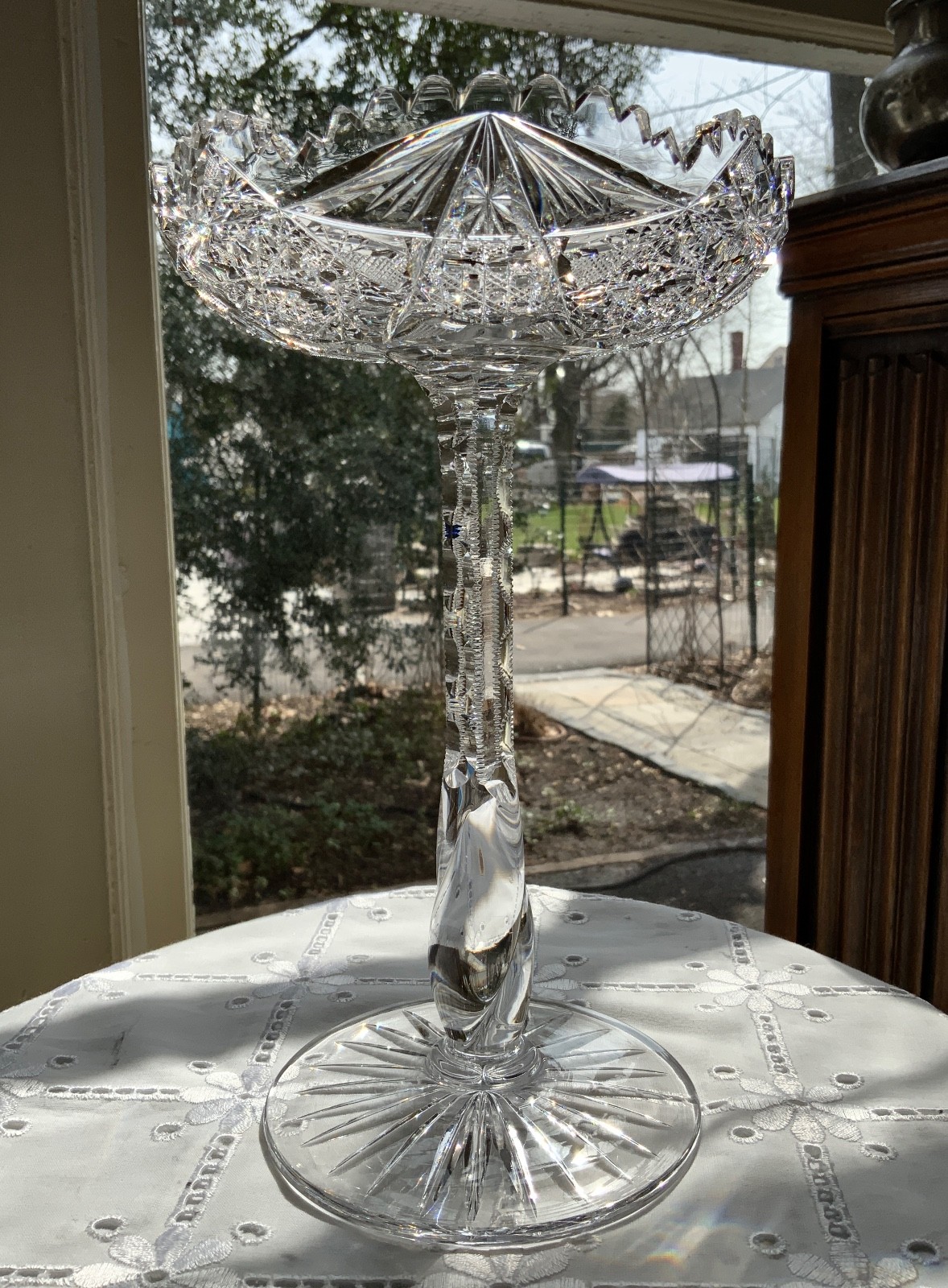 AMERICAN BRILLIANT CUT GLASS 10″ TWIST STEM COMPOTE / ATTRIB: LIBBEY C.1900-1910