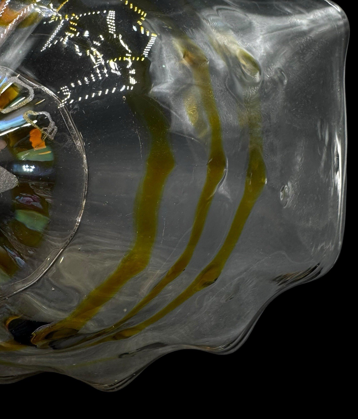Signed Hilltop Studio Art Glass Ruffle Bowl Centerpiece Amber Clear Handblown