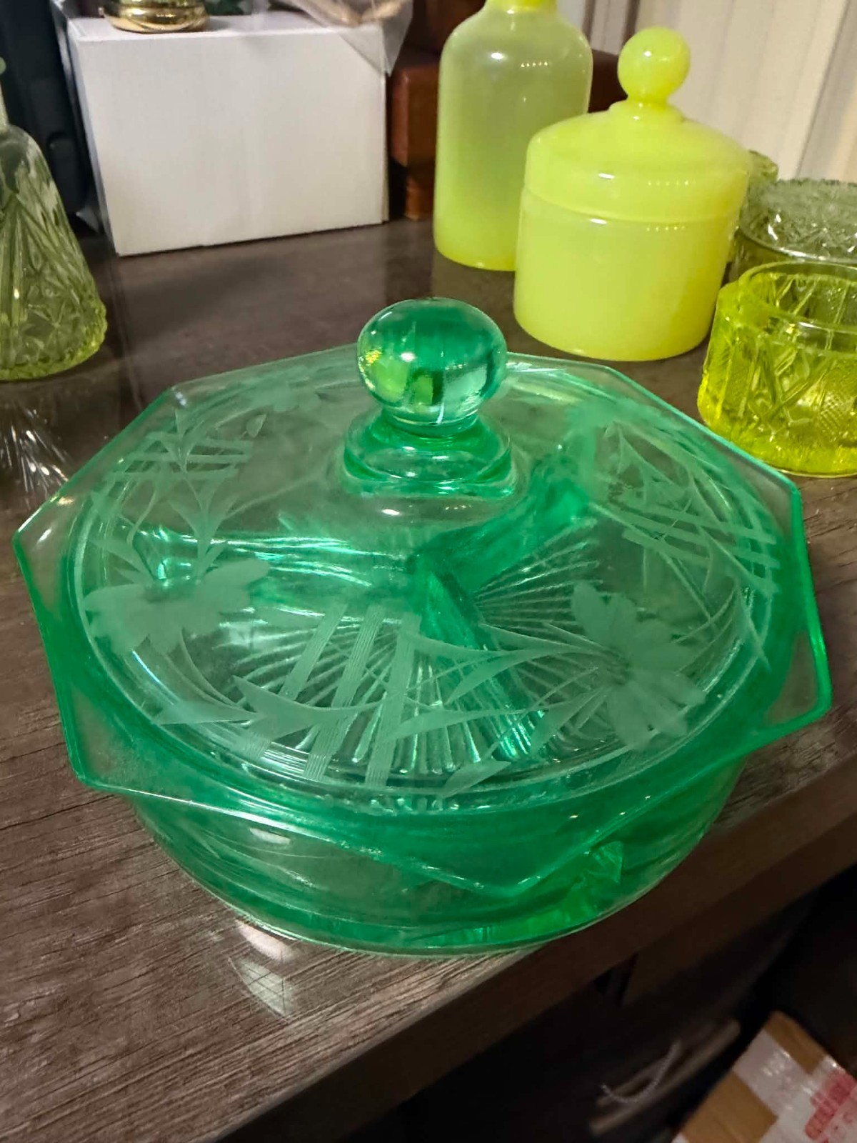 1930’s Uranium Green Depression Glass Divided Candy Dish