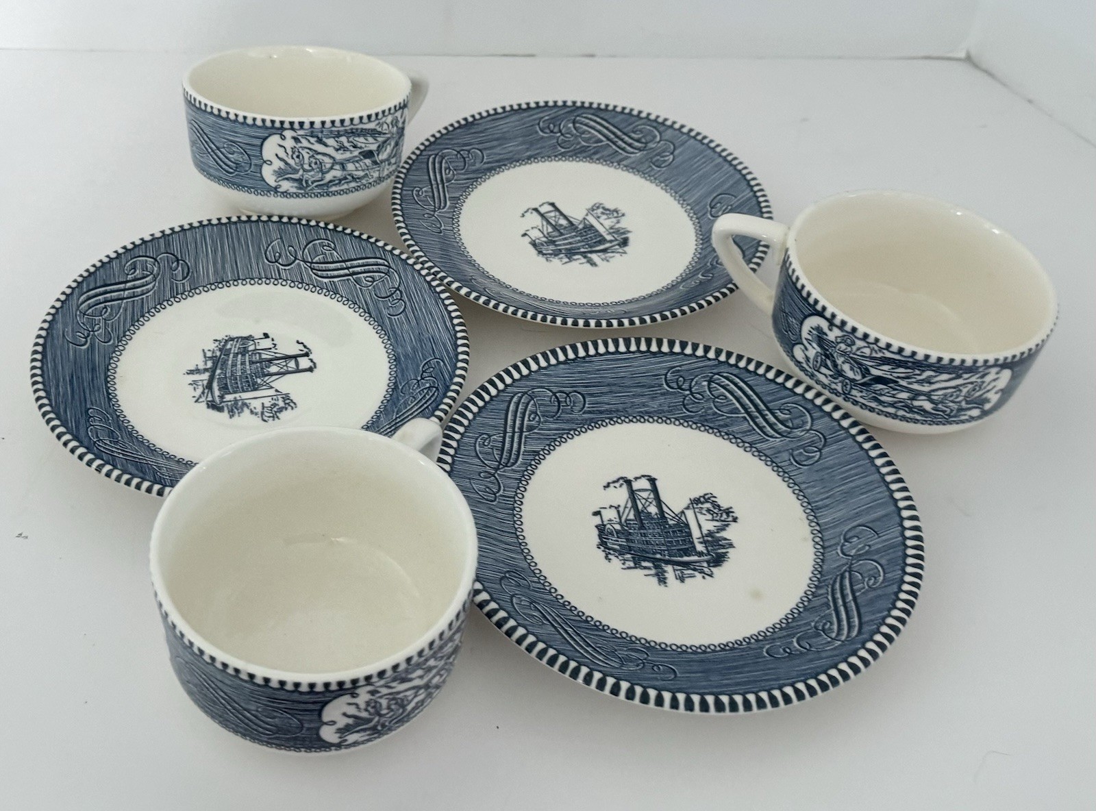Currier & Ives Blue Royal China Coffee Tea Flat Cups With Saucers Lot of 2 Sets