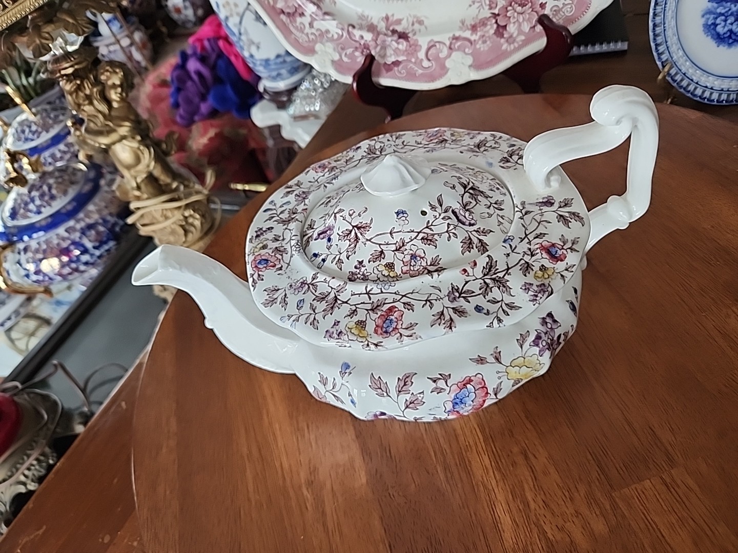 19thc Antique Brown Transferware Polychrome Porcelain Teapot