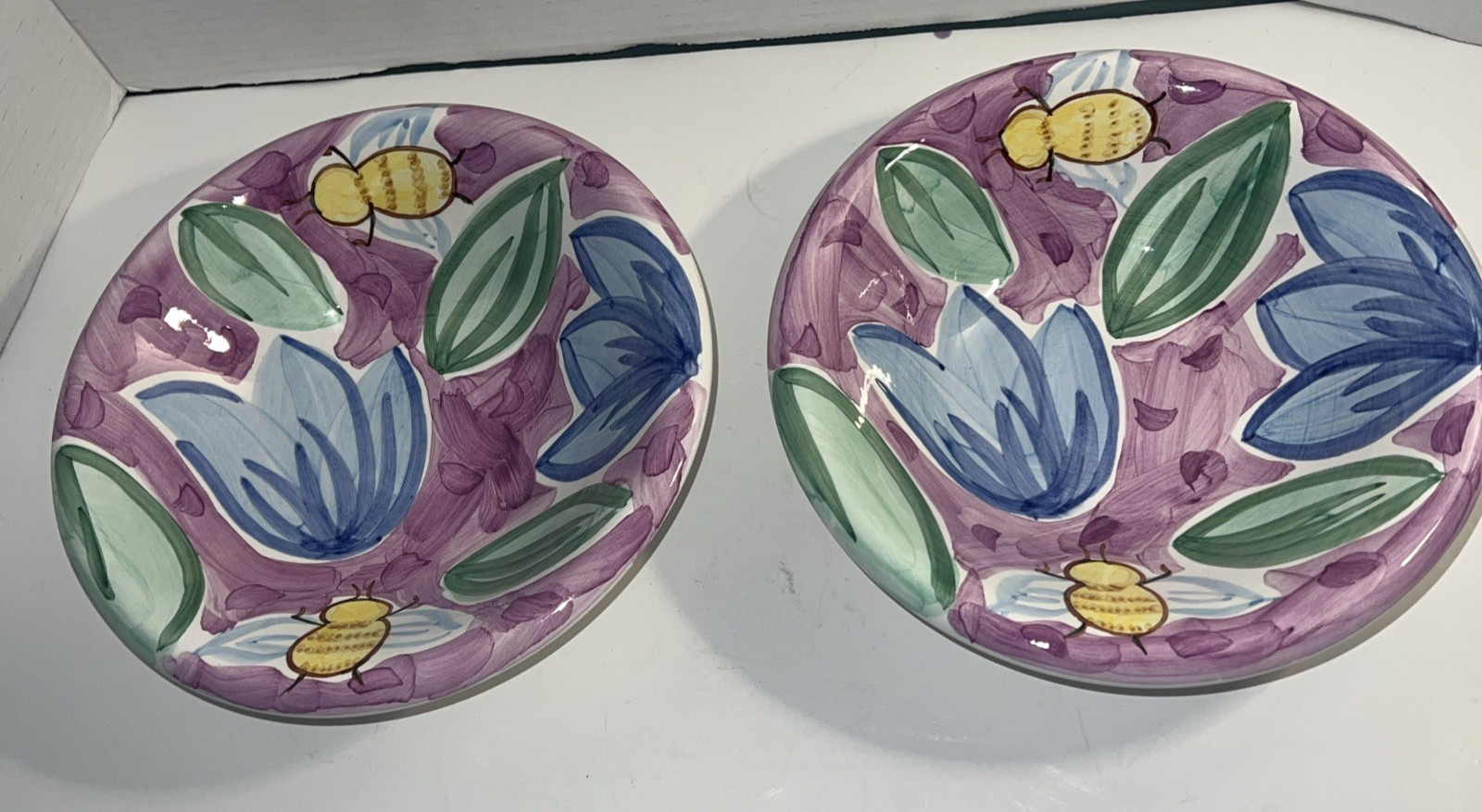 Bella Ceramica Soup Salad Serving Bowls Purple Flowers Bee 8.75”D Set Of 2