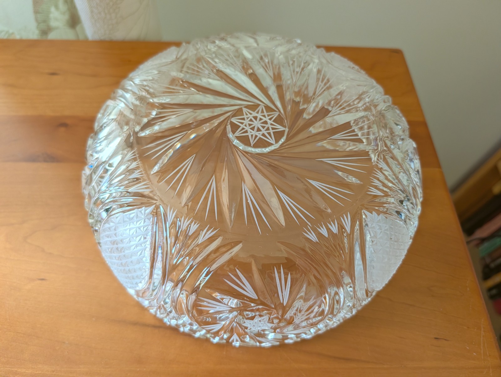 Vintage Cut Crystal Serving Bowl 9″ Starburst Fan Pattern Heavy Clear Glass