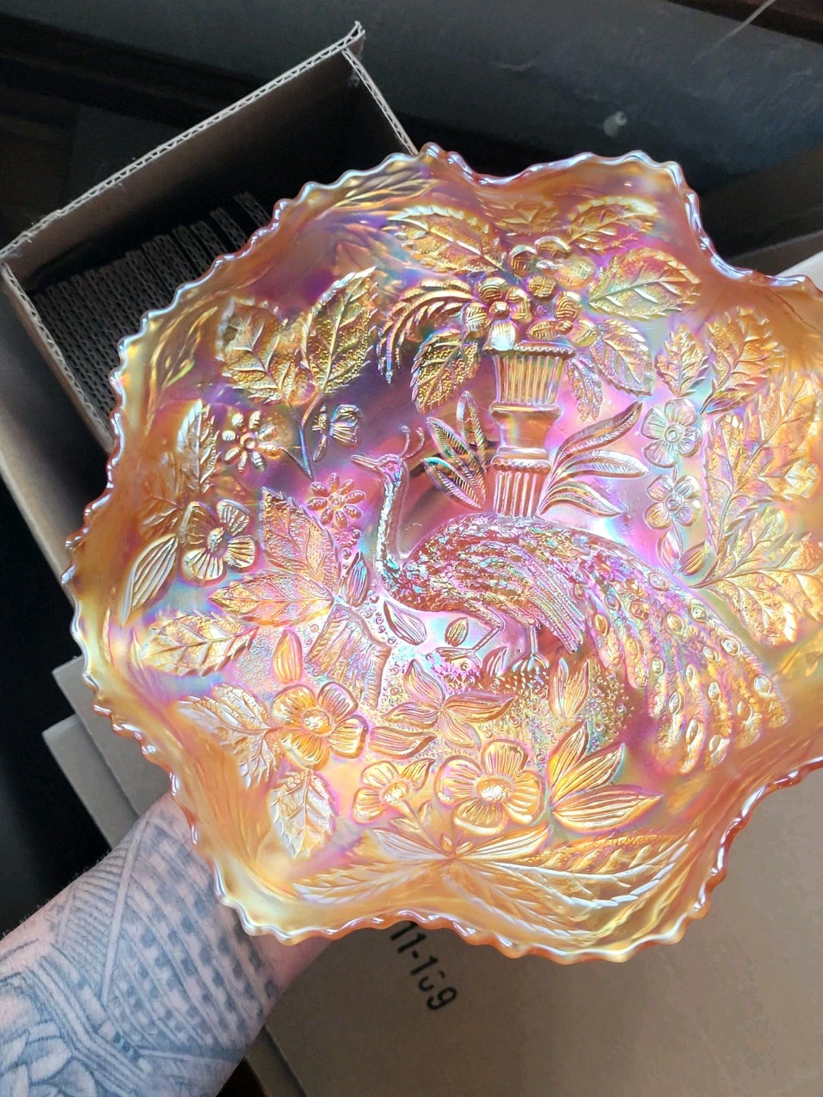 Pretty Dark Marigold Fenton Carnival Glass Peacock & Urn Pattern Bowl