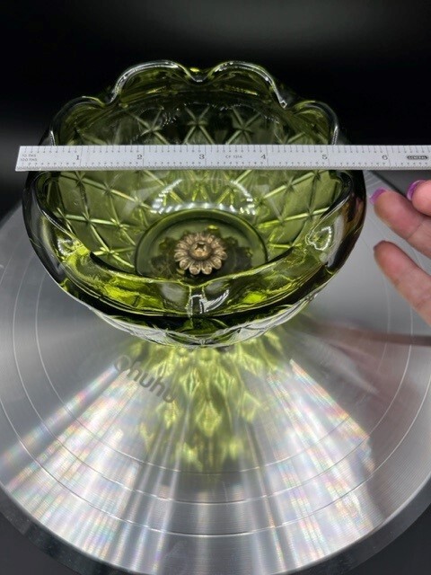 Indiana Glass Olive Green Quilted Diamond Candy Bowl Footed Metal Leaf Base MCM