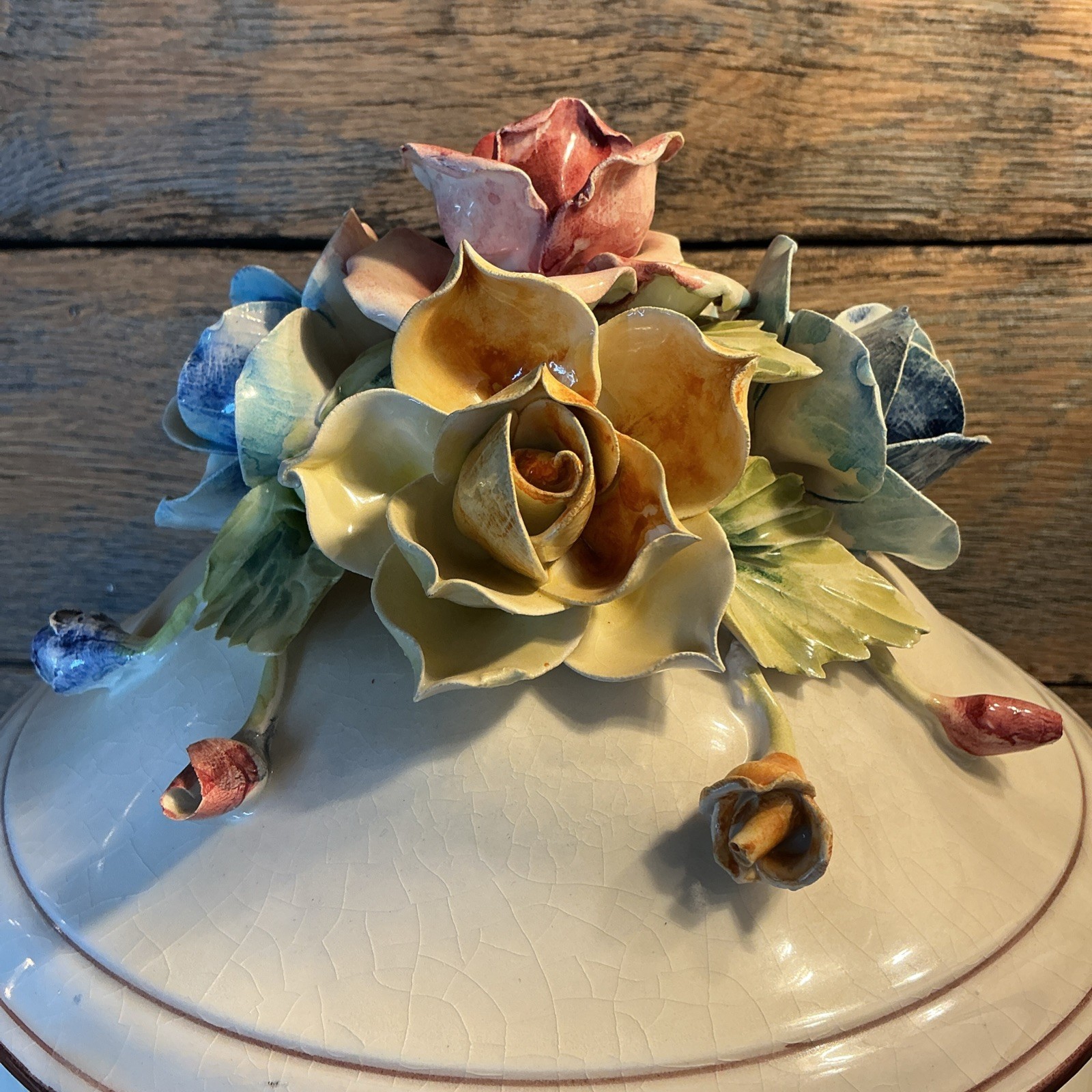Vintage Italian Ceramic Centerpiece Bowl Capodimonte Style Floral 12” Crown N