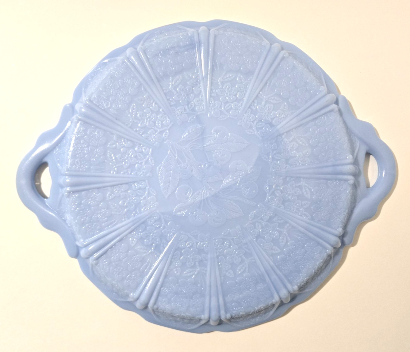 Vintage 1930s Jeannette Delphite Blue Glass Cherry Blossom Handled Tray Platter