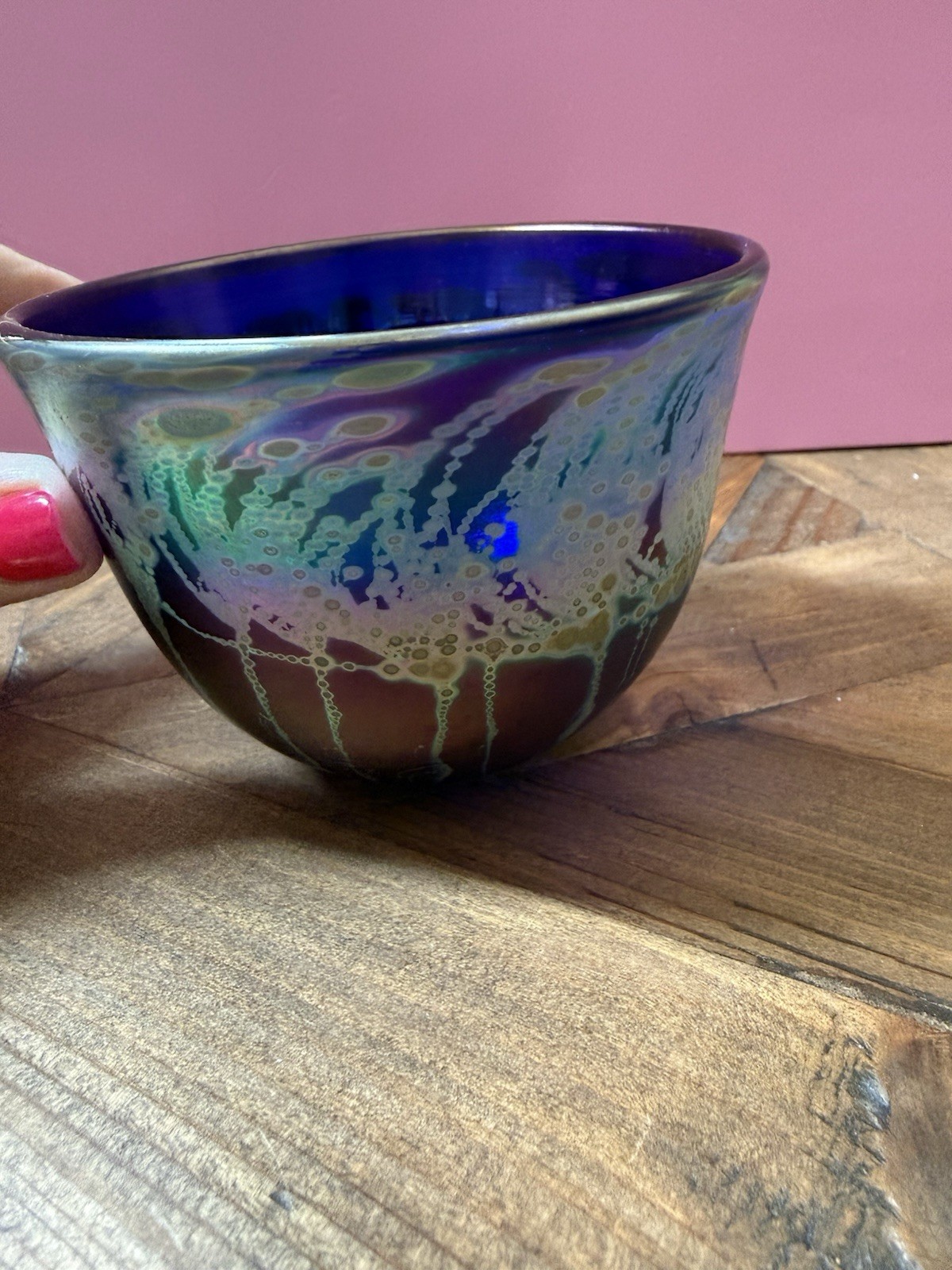 Coleman 1994 Signed Hand Blown Iridescent Blue Art Glass Bowl 5″ Round 3″ High