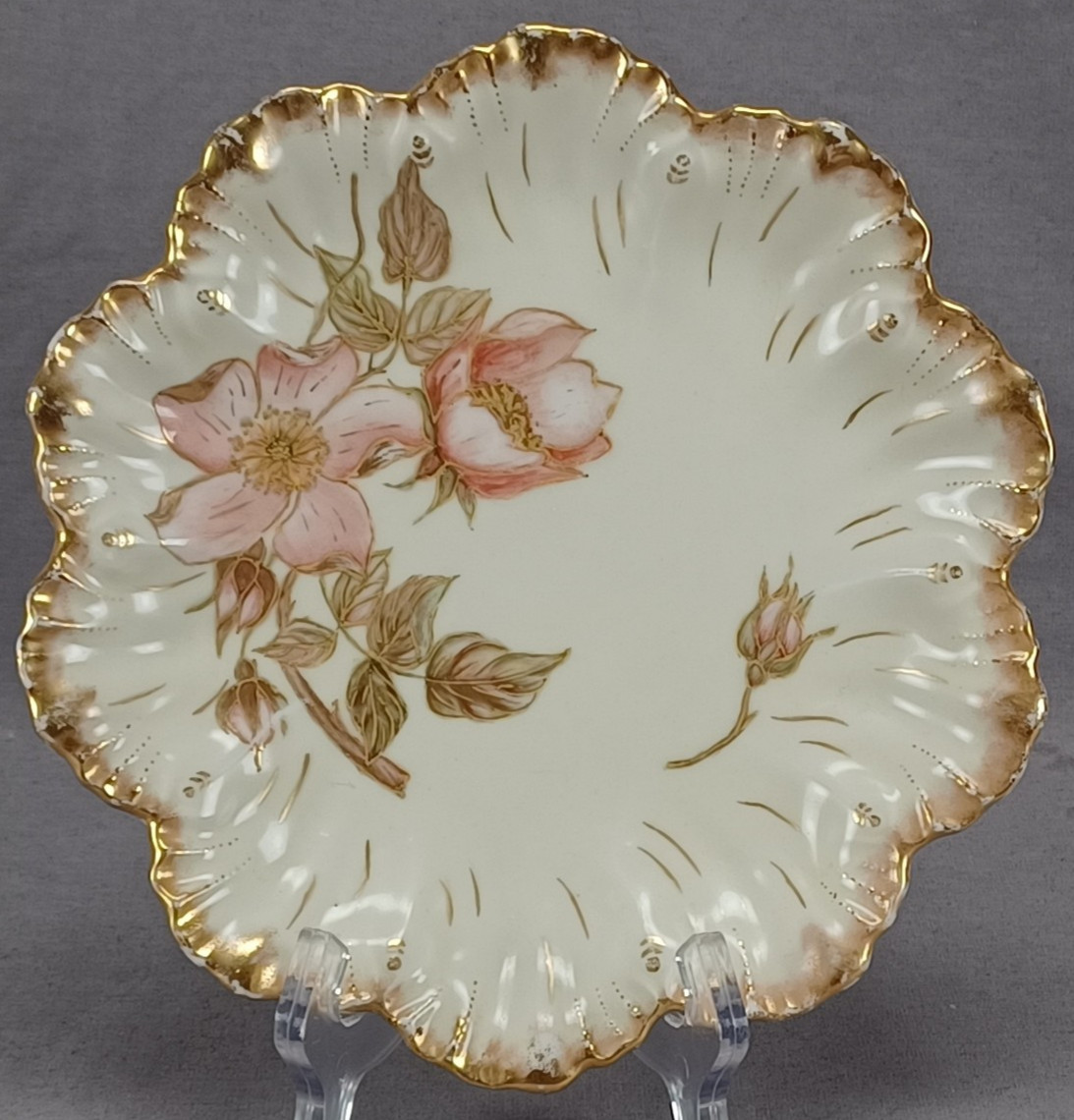 Lanternier Limoges Hand Painted Wild Pink Roses Ivory & Gold 8 1/8 Inch Plate