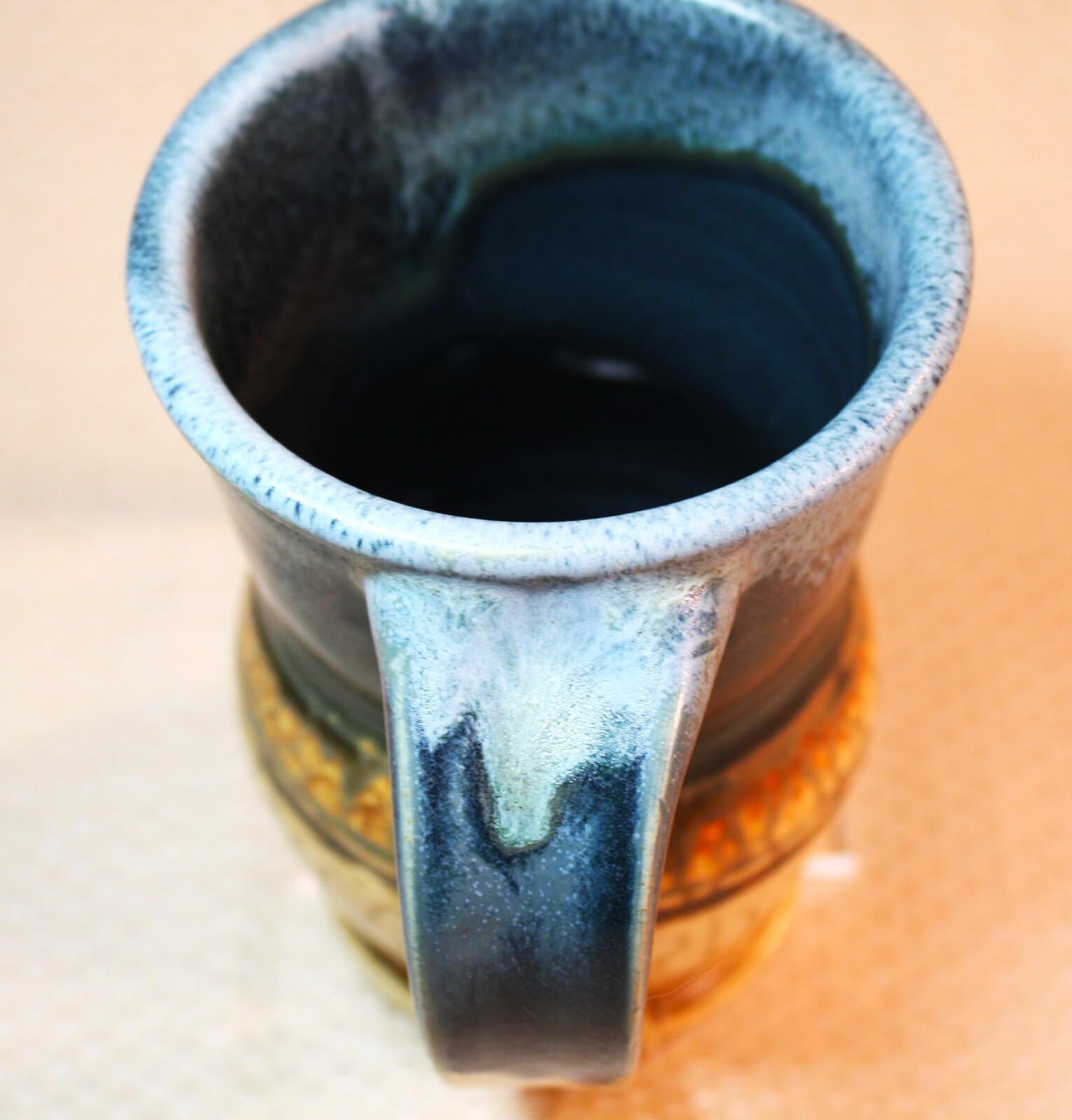 Signed Hand Thrown Pottery Mug Blue Gray Brown Tan Glossy Drip Glaze 5″ Tall