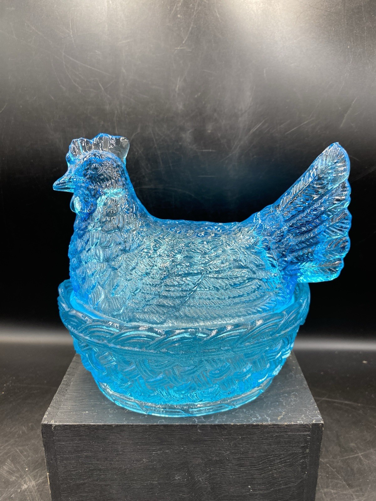 Blue Transparent Glass Hen On Nest Candy Dish
