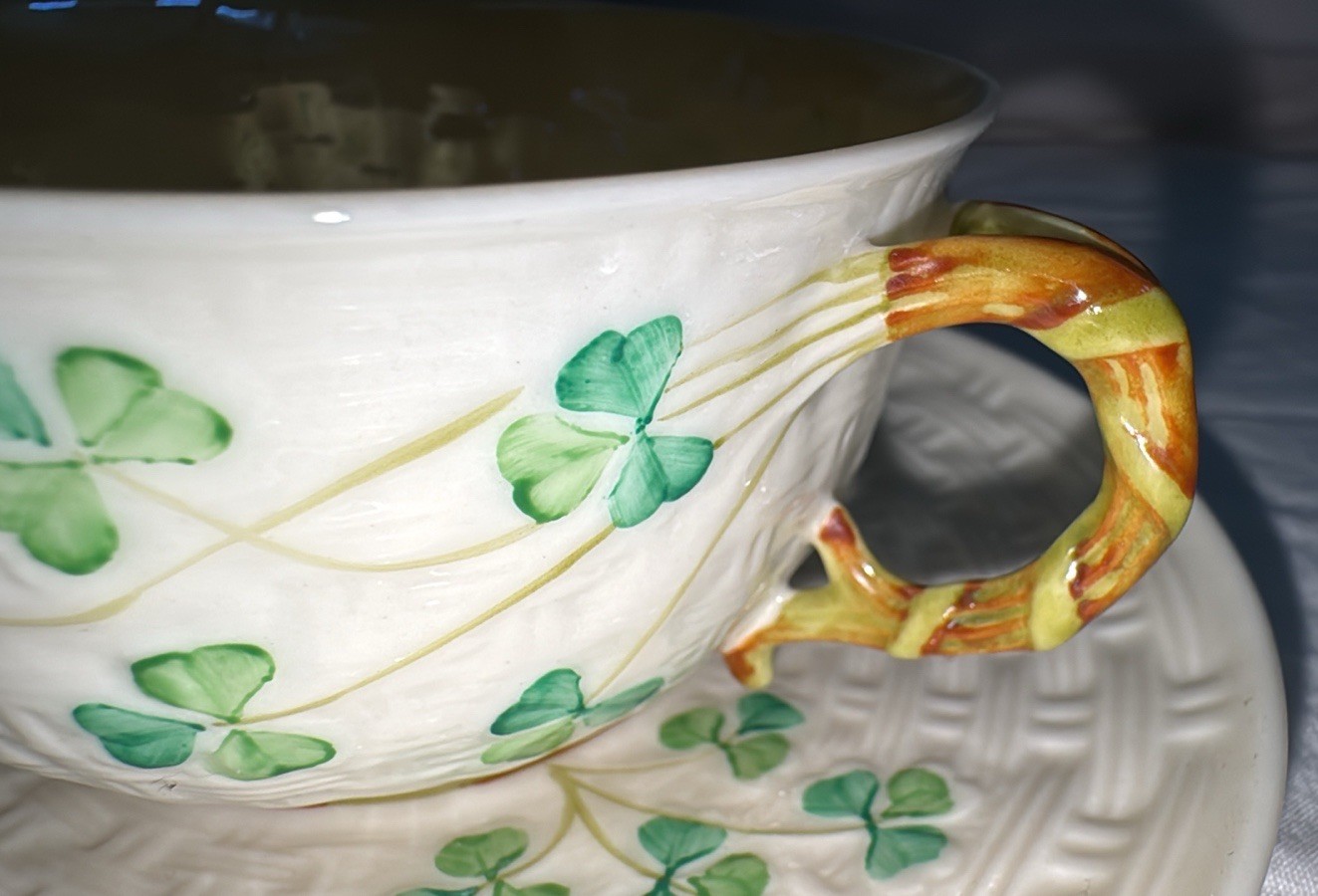 Vintage IRISH BELLEEK Shamrock Tea Cup and Saucer Reg No 0857