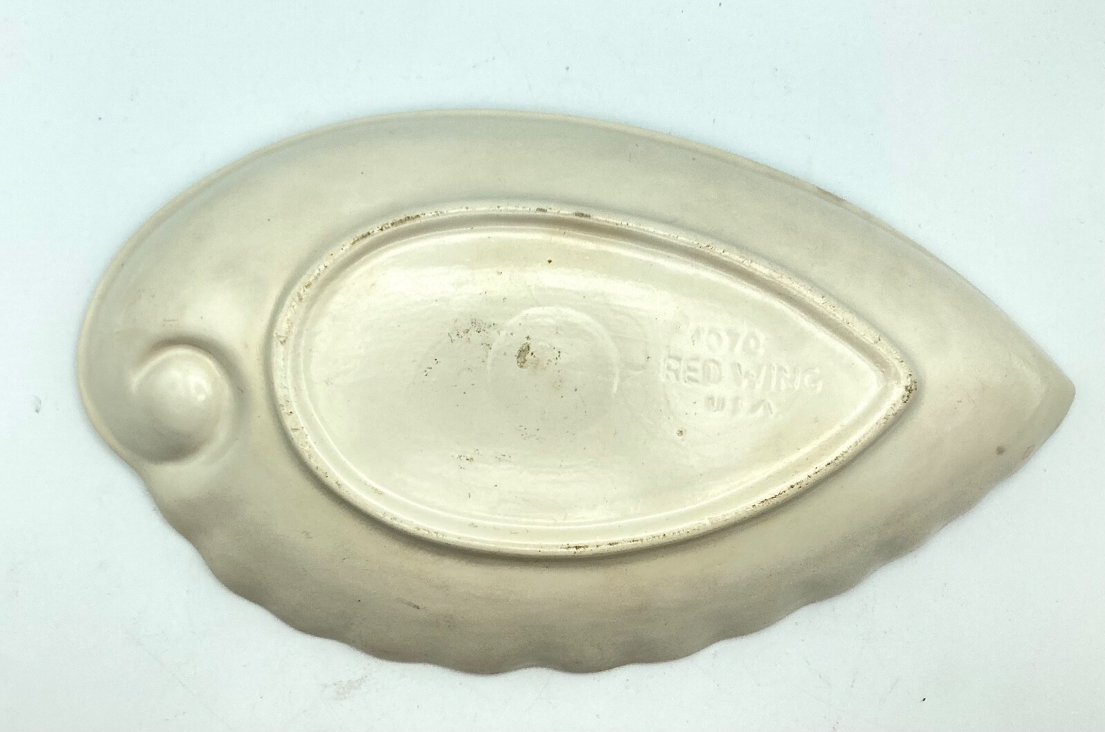 Red Wing Pottery Bowl Green w Cream Base Shell Shape 1950s Vintage 12″ long
