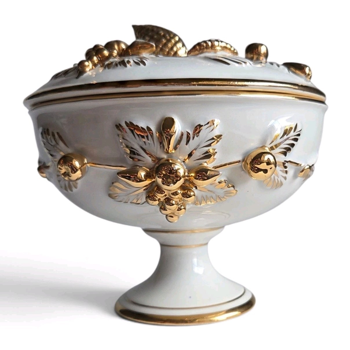 VTG Italian Covered Pedestal Candy Dish Gold Gilt Grapes KBNY Style 2309 Italy