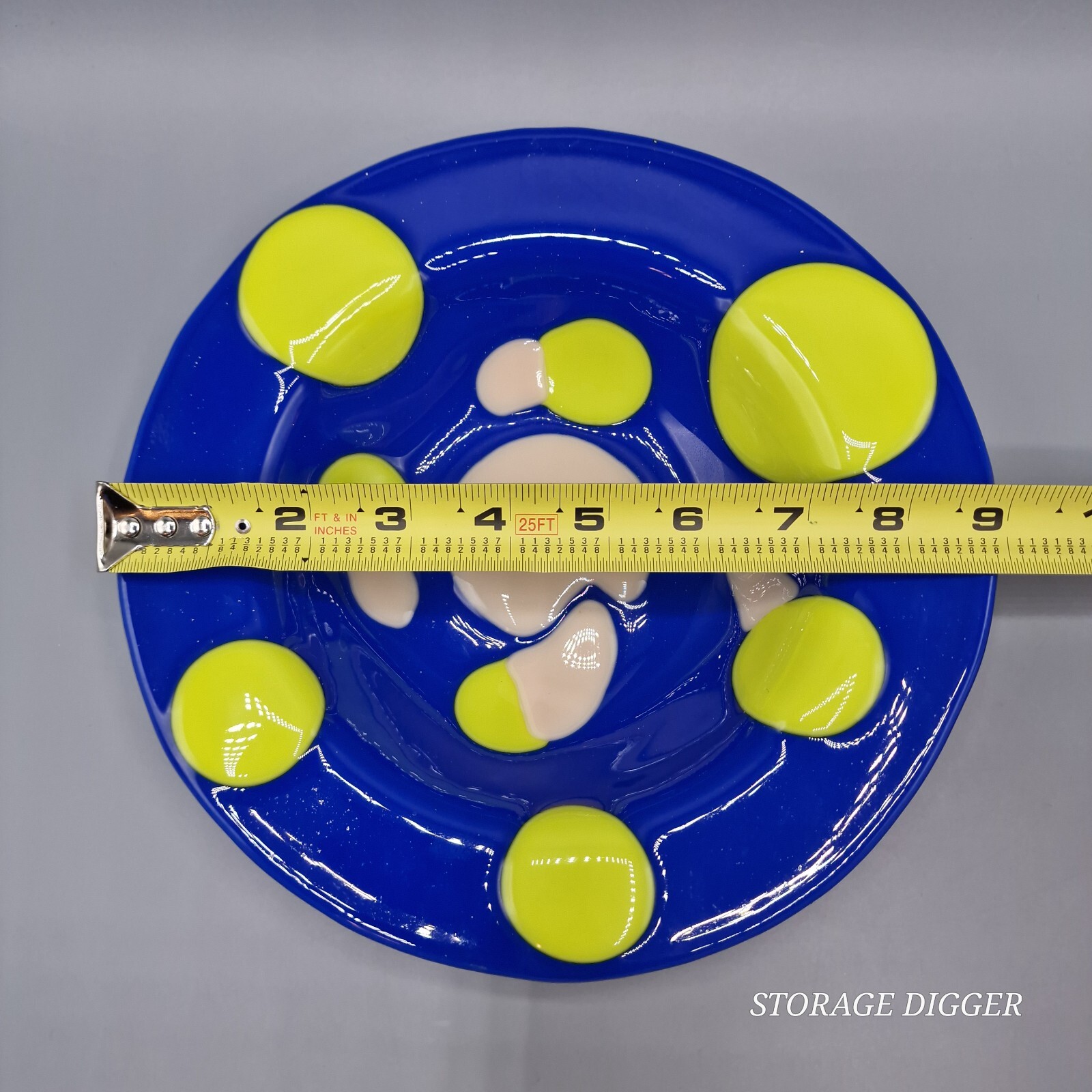 Vintage Glass Mac Studio 30144 Cobalt Blue Round Bowl Yellow & Pink Glaze Dots