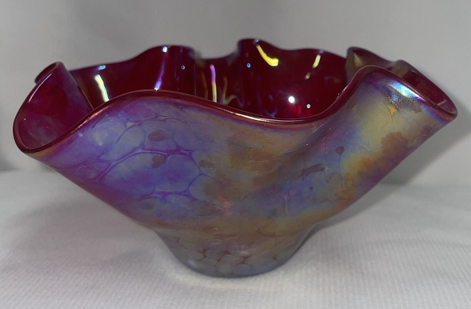 Hand Blown Wavy Edge Iridescent Carnival Glass Bowl Pontil Mark 3 1/2 Inches