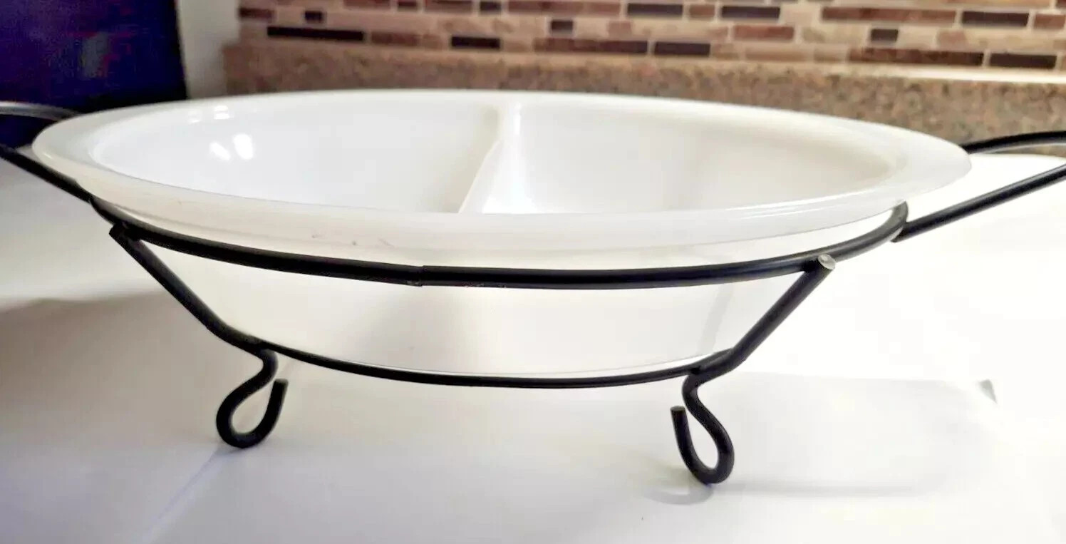 Vintage GLASBAKE J-239 WHITE Divided Oval CASSEROLE DISH & METAL SERVING STAND
