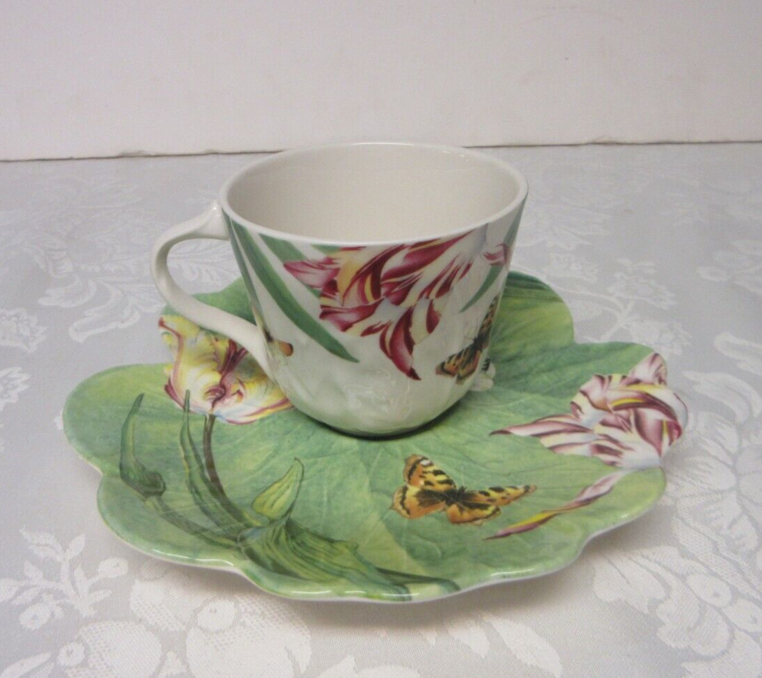 Spode Floral Haven Flat Cup Saucer Set Scalloped Butterflies Tulips Bee England