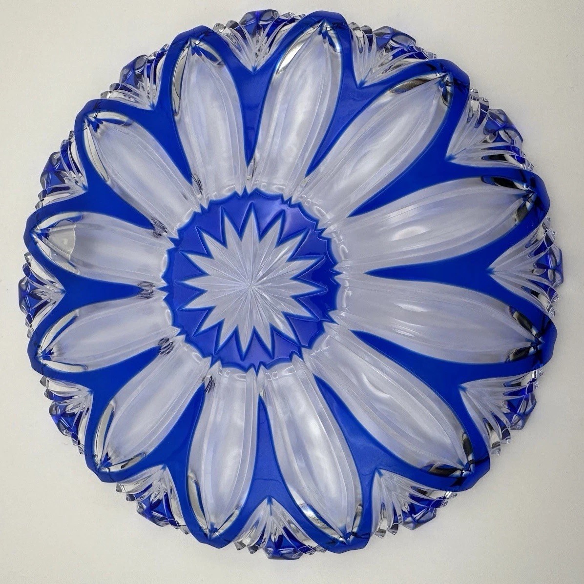 Bohemia Czech Cobalt Blue Cut to Clear Crystal Plate Charger Starburst