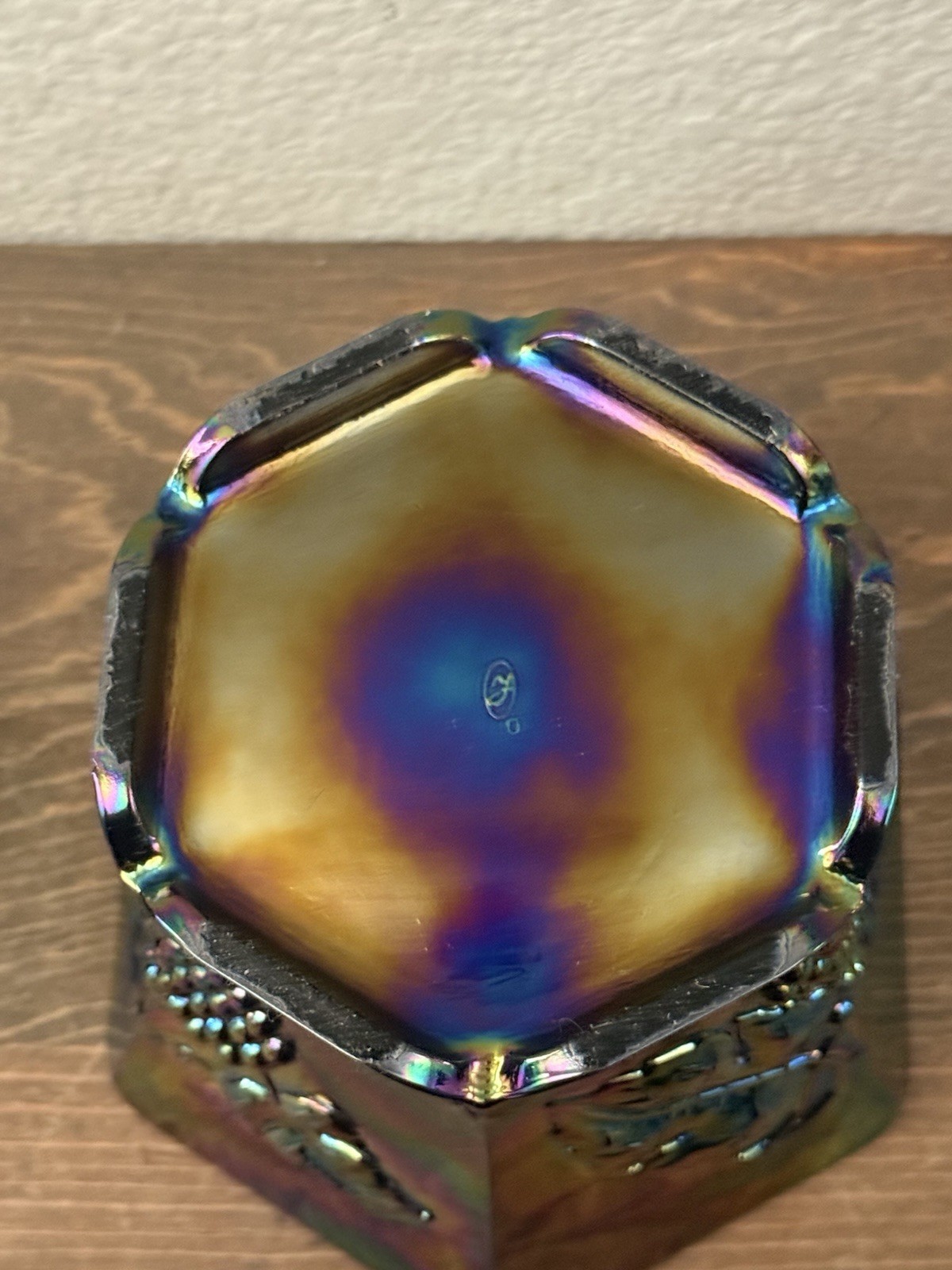 Fenton Carnival Glass Grapes Candy Dish With Lid Hexagon Shape Iridescent Finish