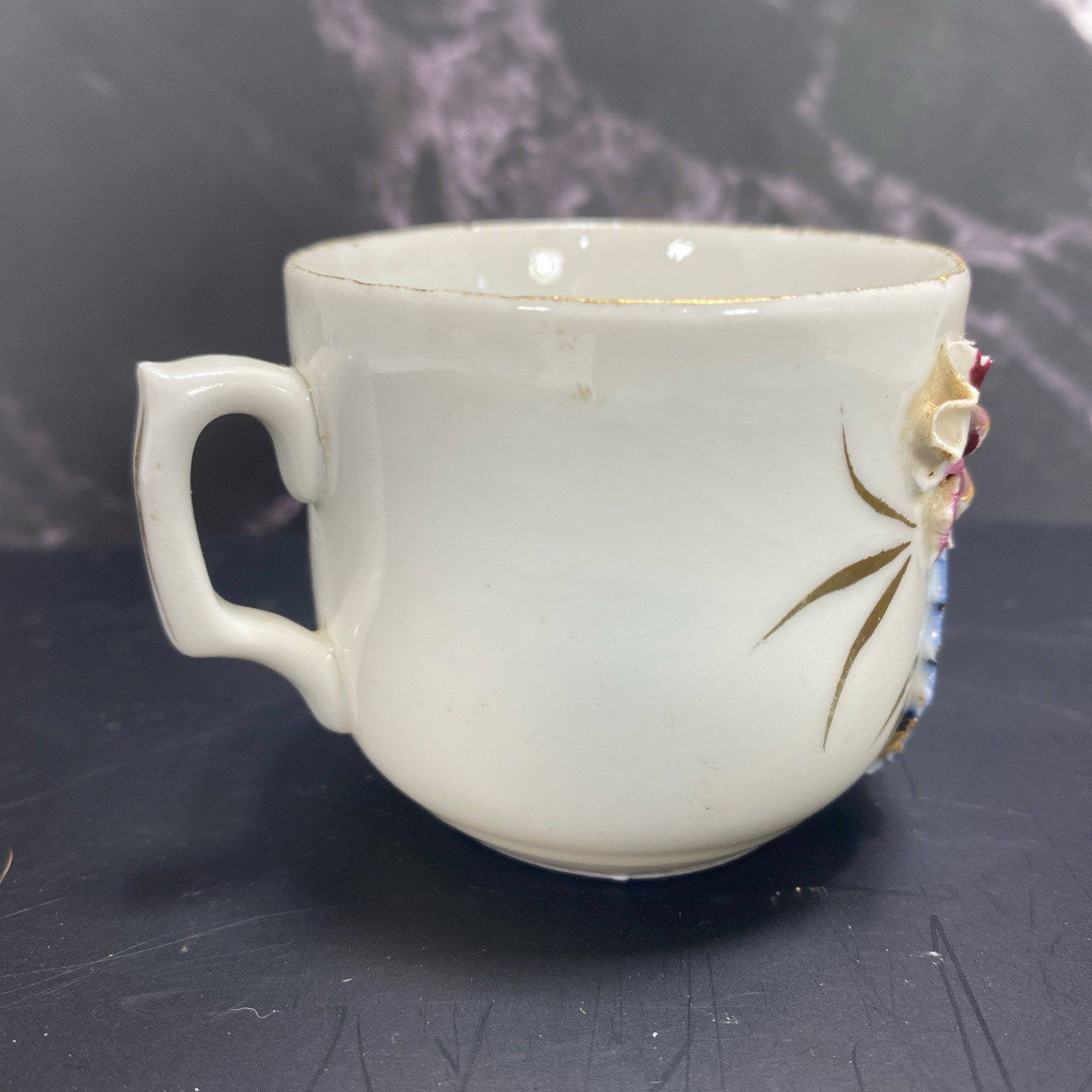 Antique Germany cobalt blue white gold rust Demitasse Cup applied Flowers Leaves