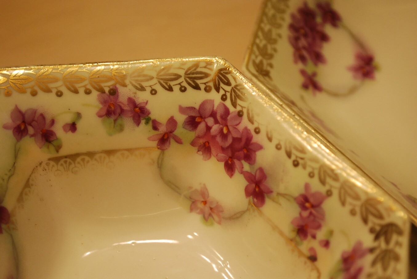 Set 2 HAND PAINTED VIOLETS Antique Prussia Hexagonal Porcelain CANDY Dishes