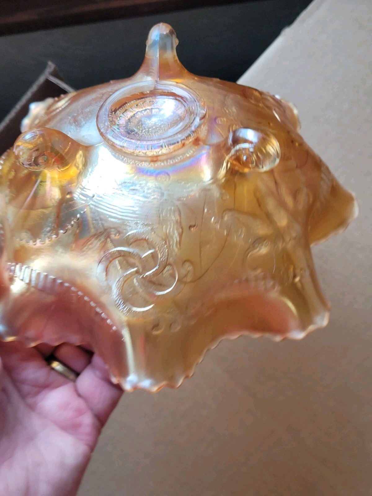 Pretty Marigold Northwood Carnival Glass Wishbone Bowl Ruffles n Rings EX.