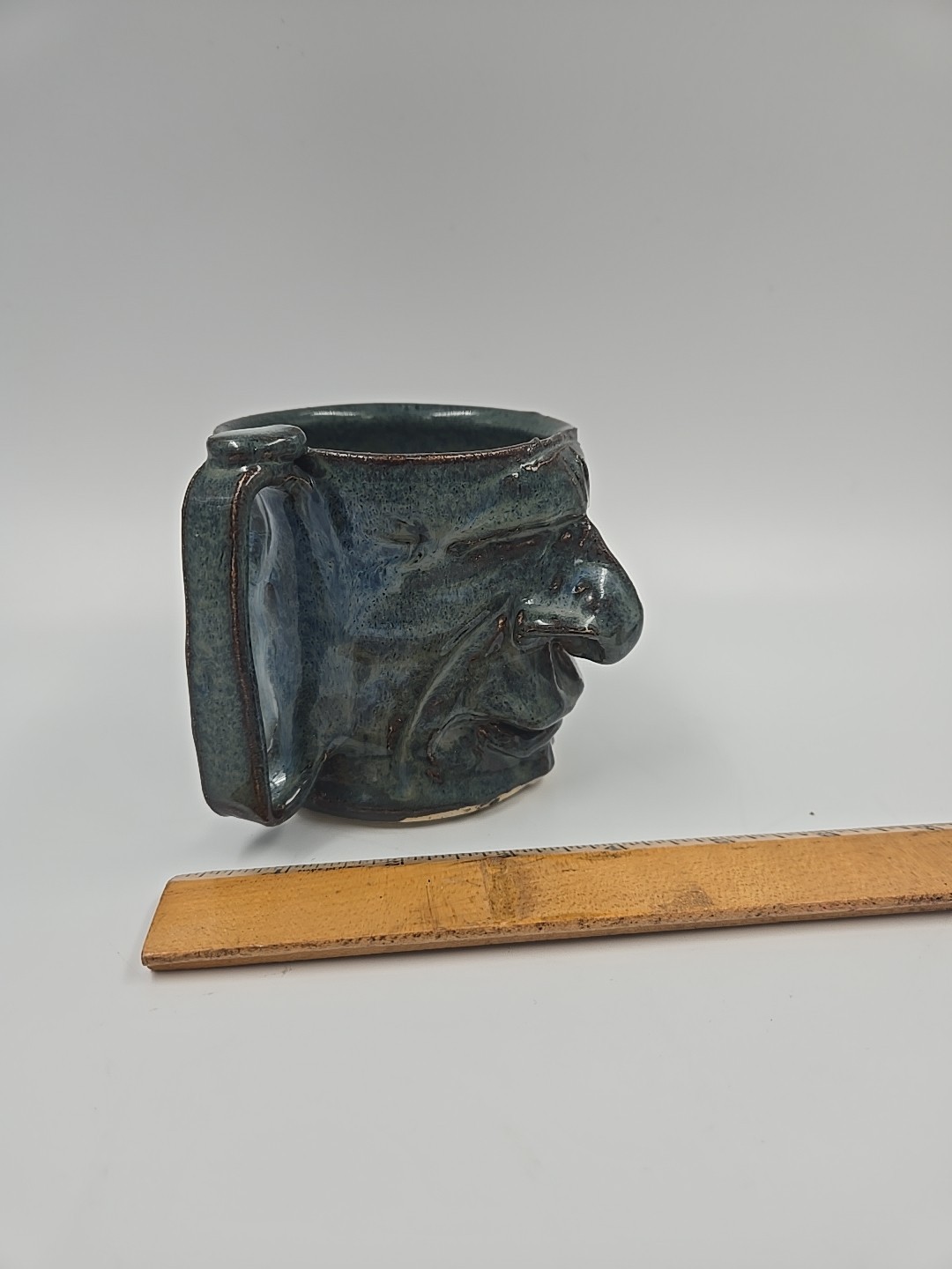 Handmade Stoneware Art Pottery Ugly Face Funny 3D Blue Glazed 12oz